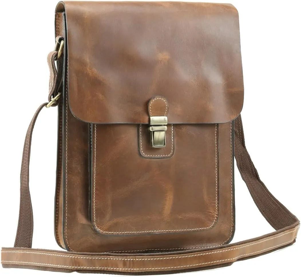 Handmade World Small Brown Leather 11 Inch Sturdy Leather iPad Messenger Satchel Tablet Bag Shoulder Bag Crossbody Vintage Travel Man Purse Bag