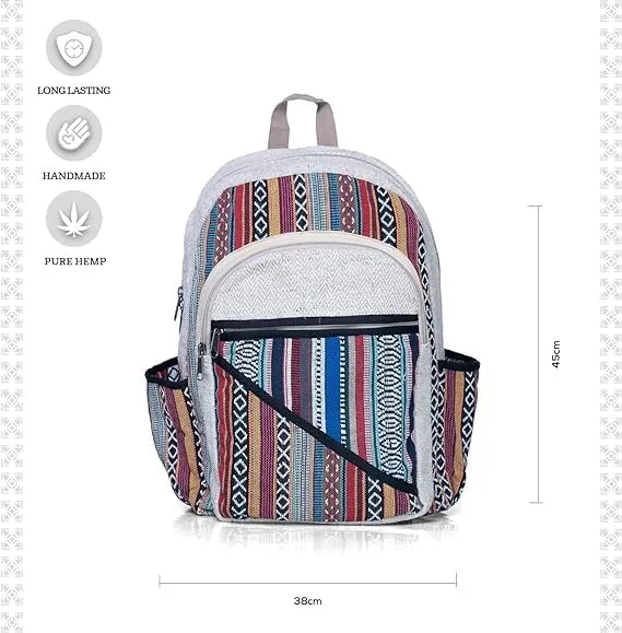 Hemp Backpack Lightweighted 100% Natural Hemp Cotton Fabric Casual Daypack Multipurpose Handmade Bag For Travel, Hiking, Yoga, Picnic (Tribal Stripes)