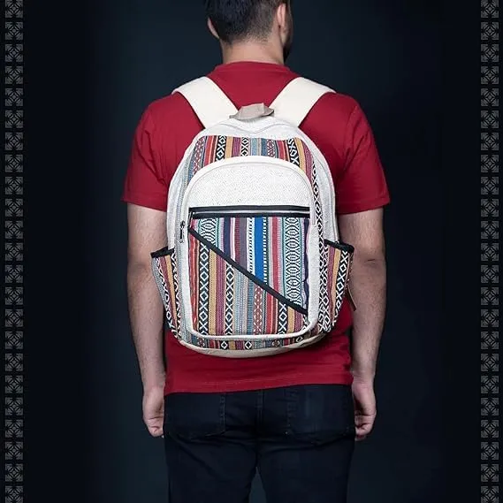 Hemp Backpack Lightweighted 100% Natural Hemp Cotton Fabric Casual Daypack Multipurpose Handmade Bag For Travel, Hiking, Yoga, Picnic (Tribal Stripes)