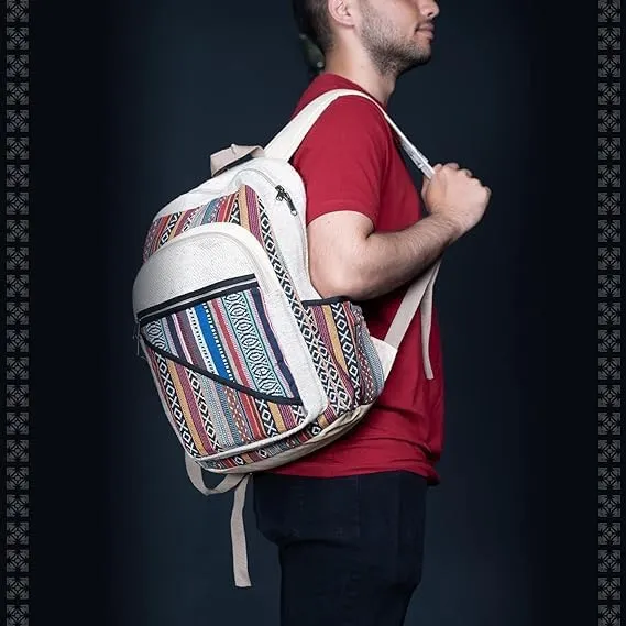 Hemp Backpack Lightweighted 100% Natural Hemp Cotton Fabric Casual Daypack Multipurpose Handmade Bag For Travel, Hiking, Yoga, Picnic (Tribal Stripes)