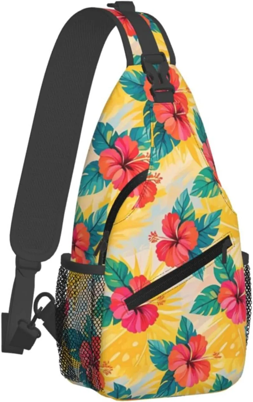Hibiscus Flower Tropical Crossbody Bags Cross Chest Bag Adjustable Sling Backpack for Women Men