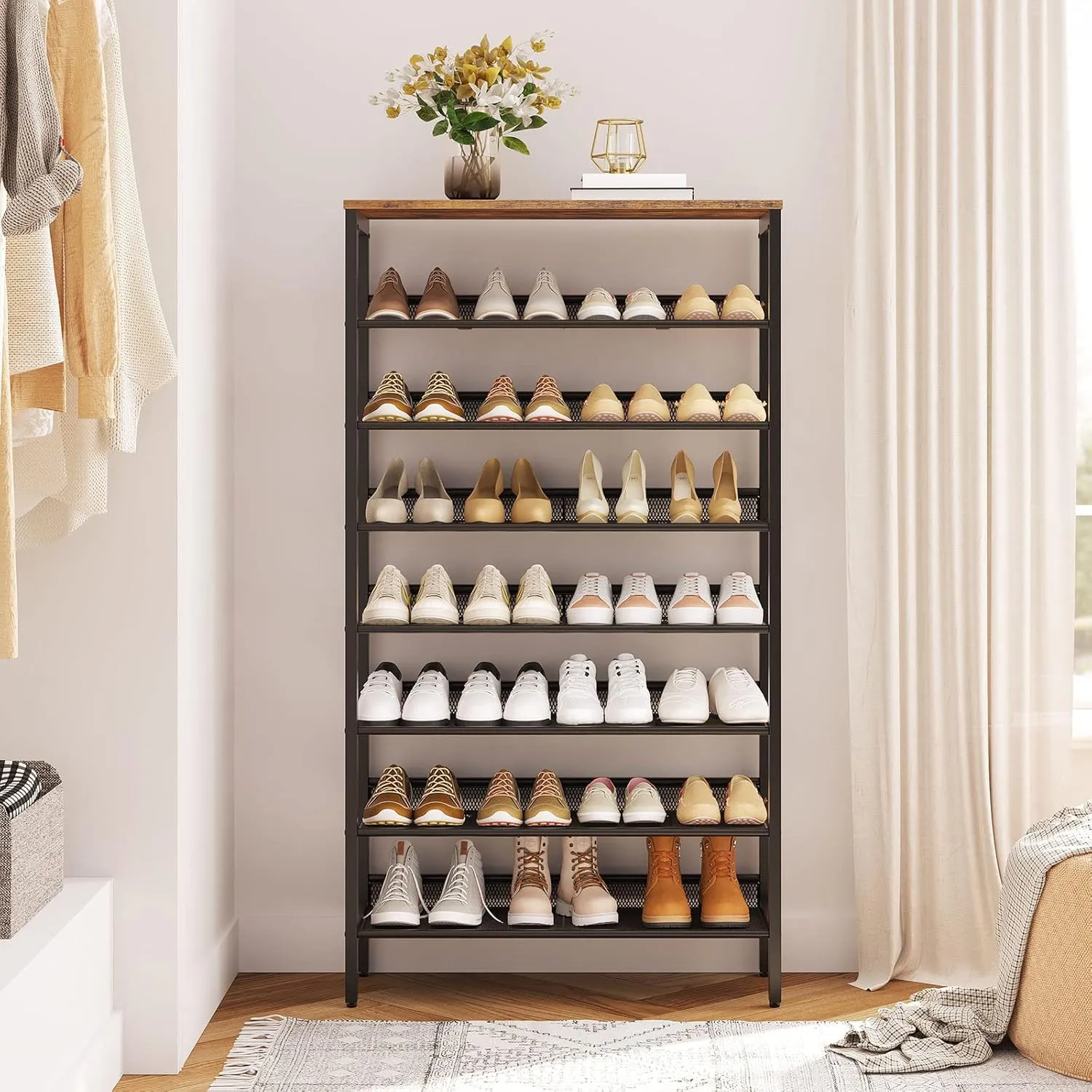 HOOBRO 8-Tier Shoe Rack, Large Capacity Shoe Shelf, Shoe Storage Organizer for 21-28 Pairs of Shoes, Front Door Entrance, Entryway, Hallway, Closet, Space Saver, Rustic Brown and Black BF18XJ01