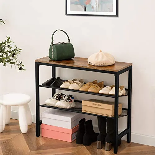 HOOBRO Industrial Shoe Rack, 4-Tier Shoe Shelf, Storage Organizer Unit with 3 Mesh Shelves, Wood Look Accent Furniture with Metal Frame, for Entryway, Living Room, Hallway BF14XJ01