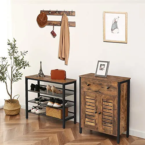 HOOBRO Industrial Shoe Rack, 4-Tier Shoe Shelf, Storage Organizer Unit with 3 Mesh Shelves, Wood Look Accent Furniture with Metal Frame, for Entryway, Living Room, Hallway BF14XJ01