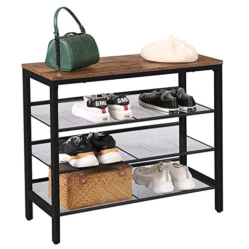 HOOBRO Industrial Shoe Rack, 4-Tier Shoe Shelf, Storage Organizer Unit with 3 Mesh Shelves, Wood Look Accent Furniture with Metal Frame, for Entryway, Living Room, Hallway BF14XJ01