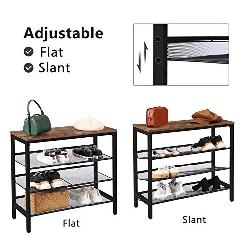 HOOBRO Industrial Shoe Rack, 4-Tier Shoe Shelf, Storage Organizer Unit with 3 Mesh Shelves, Wood Look Accent Furniture with Metal Frame, for Entryway, Living Room, Hallway BF14XJ01