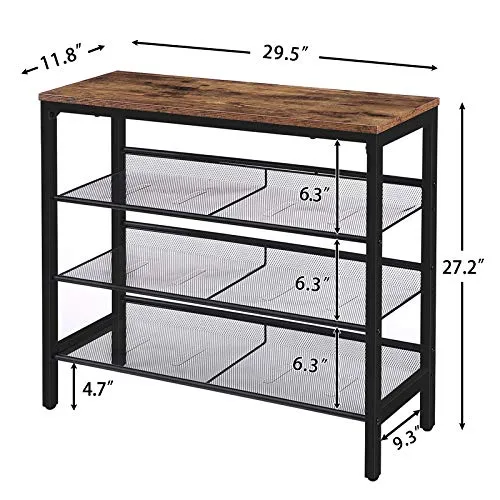 HOOBRO Industrial Shoe Rack, 4-Tier Shoe Shelf, Storage Organizer Unit with 3 Mesh Shelves, Wood Look Accent Furniture with Metal Frame, for Entryway, Living Room, Hallway BF14XJ01
