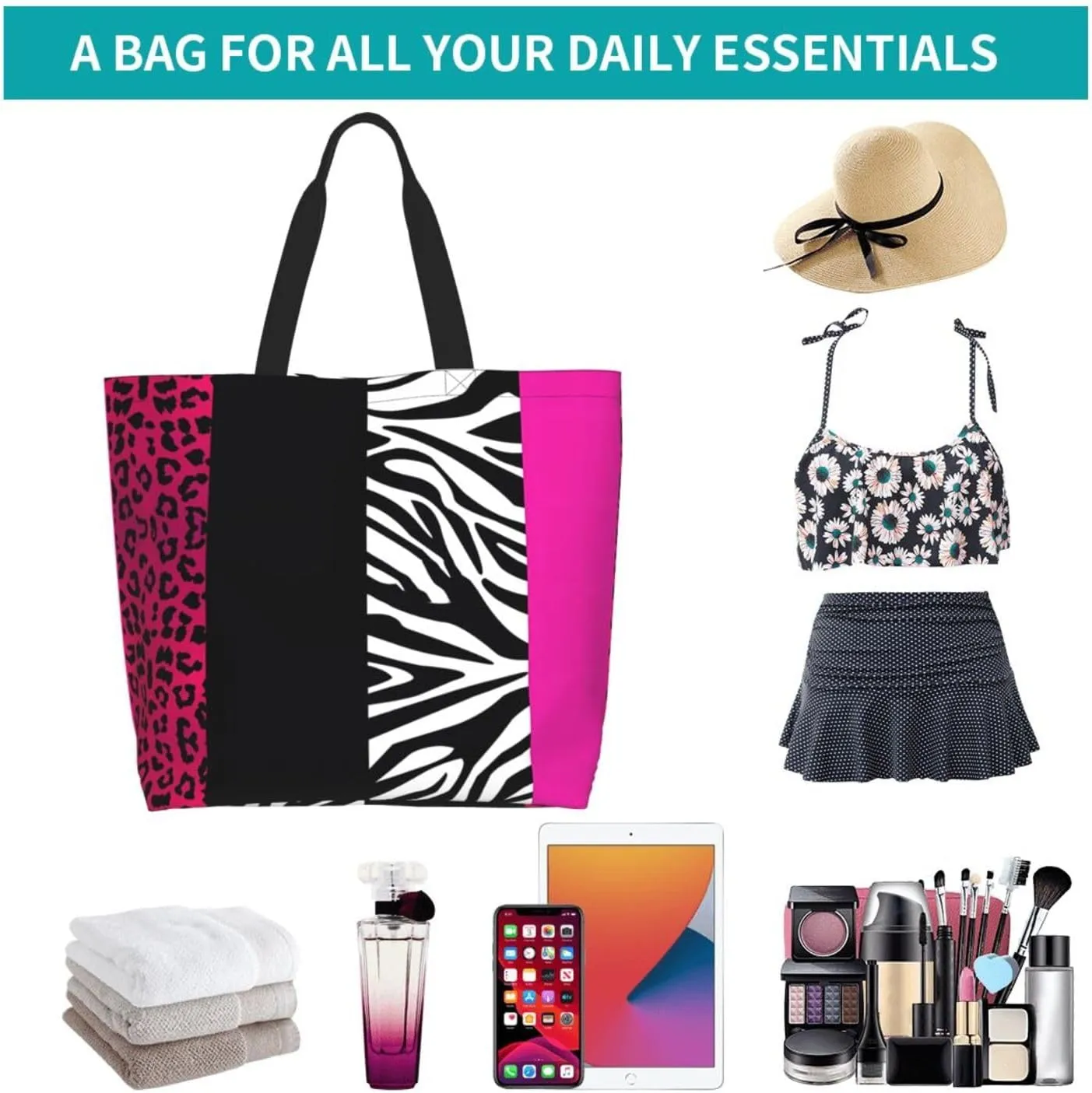 Hot Pinks Zebra Leopard Animal Stripes Women's Tote Bag Large Capacity Single Shoulder Bags Handbag for Shopping Work