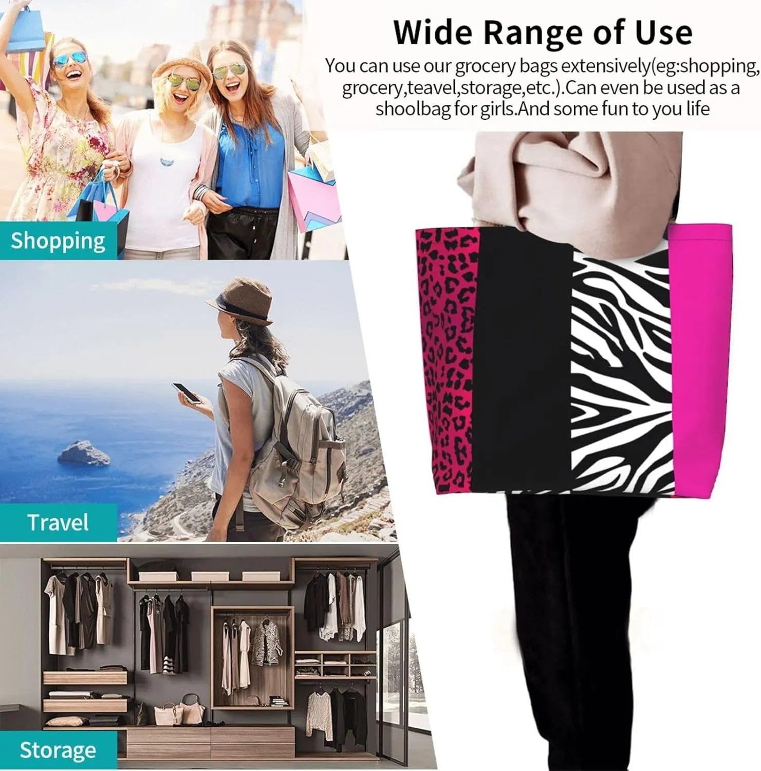 Hot Pinks Zebra Leopard Animal Stripes Women's Tote Bag Large Capacity Single Shoulder Bags Handbag for Shopping Work