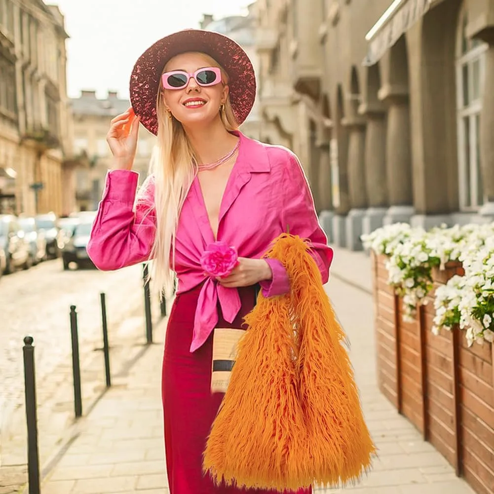 ikasus Fur Bag Cute Fur Purses for Women, Fur Purse Puffy Tote Bag for Lady, Faux Fur Bag Fluffy Tote Bag Winter Shoulder Bag, Orange