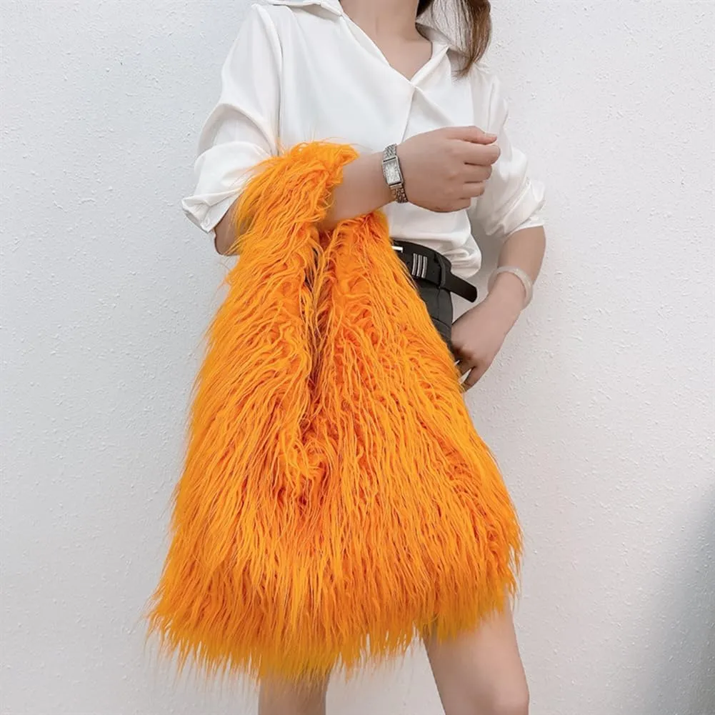 ikasus Fur Bag Cute Fur Purses for Women, Fur Purse Puffy Tote Bag for Lady, Faux Fur Bag Fluffy Tote Bag Winter Shoulder Bag, Orange
