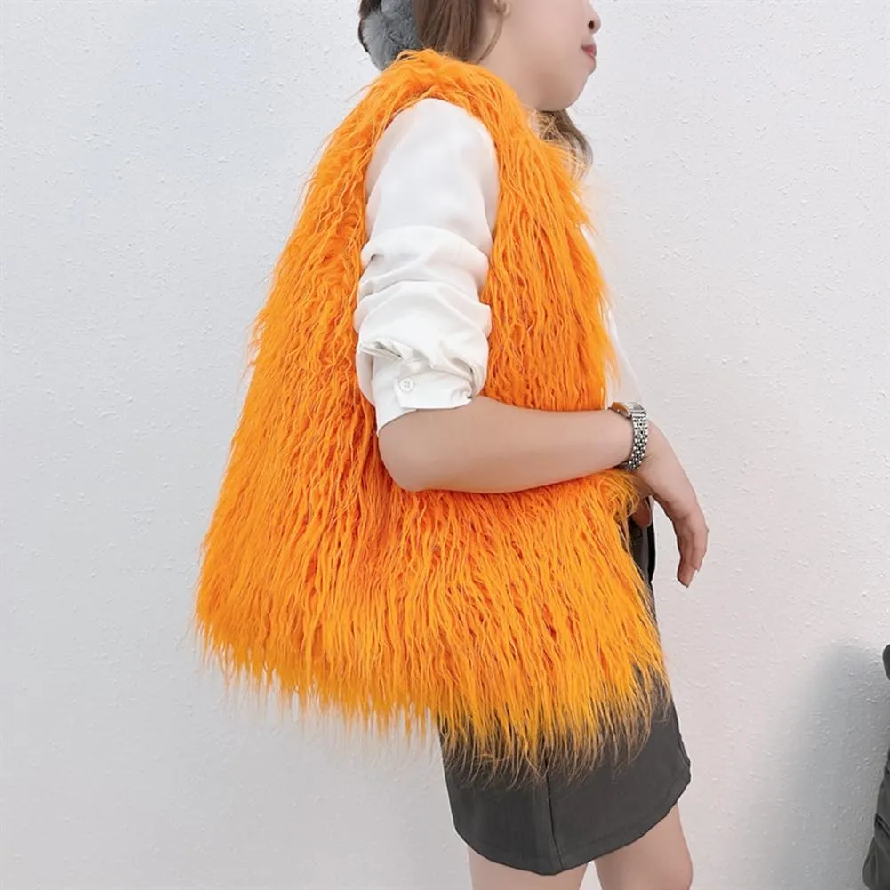 ikasus Fur Bag Cute Fur Purses for Women, Fur Purse Puffy Tote Bag for Lady, Faux Fur Bag Fluffy Tote Bag Winter Shoulder Bag, Orange