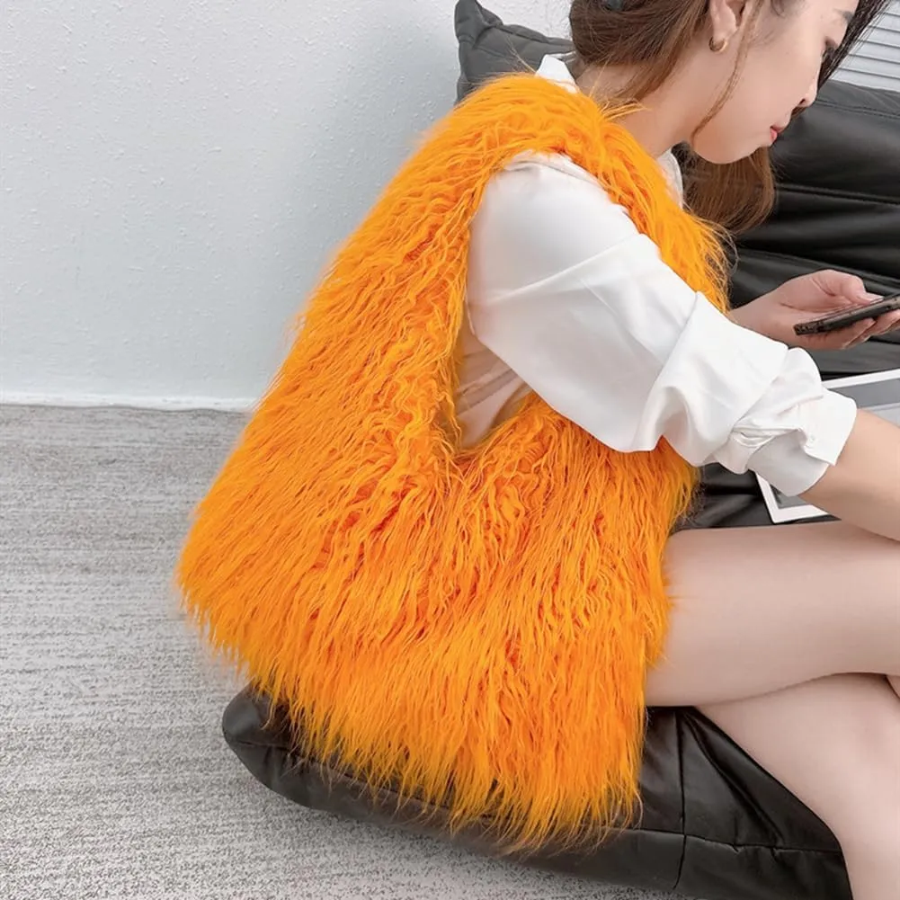 ikasus Fur Bag Cute Fur Purses for Women, Fur Purse Puffy Tote Bag for Lady, Faux Fur Bag Fluffy Tote Bag Winter Shoulder Bag, Orange