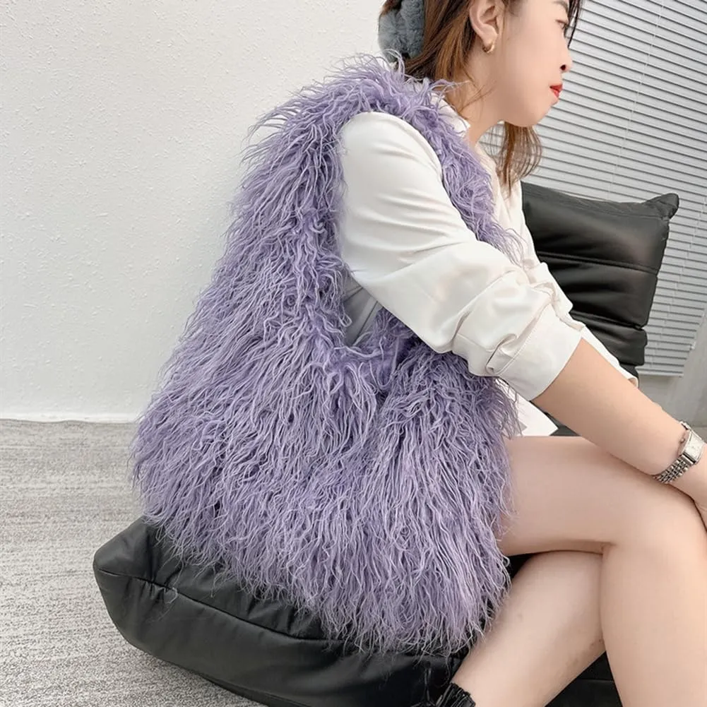 ikasus Women's Fur Bag Cute Fur Purses, Faux Fur Bag Fluffy Tote Bag Winter Shoulder Bag, Purple