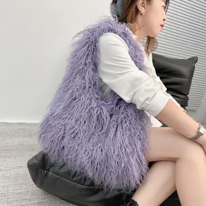 ikasus Women's Fur Bag Cute Fur Purses, Faux Fur Bag Fluffy Tote Bag Winter Shoulder Bag, Purple