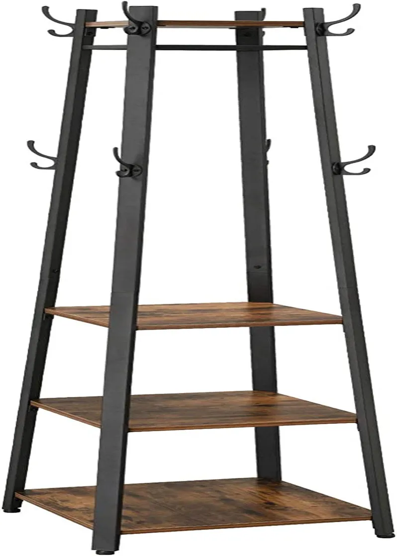 Industrial Coat Rack with 3 Shelves and Hooks