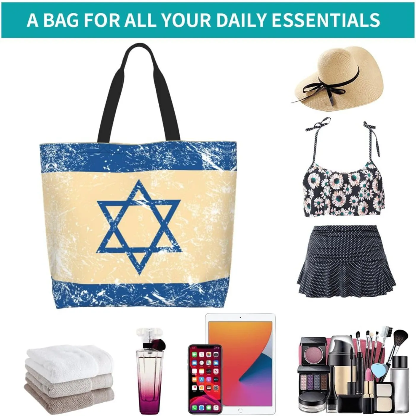 Israel Canvas Tote Bag Israelite Shoulder Bag Israel Flag Casual Grocery Bags Flag Bags for Israel Outdoor