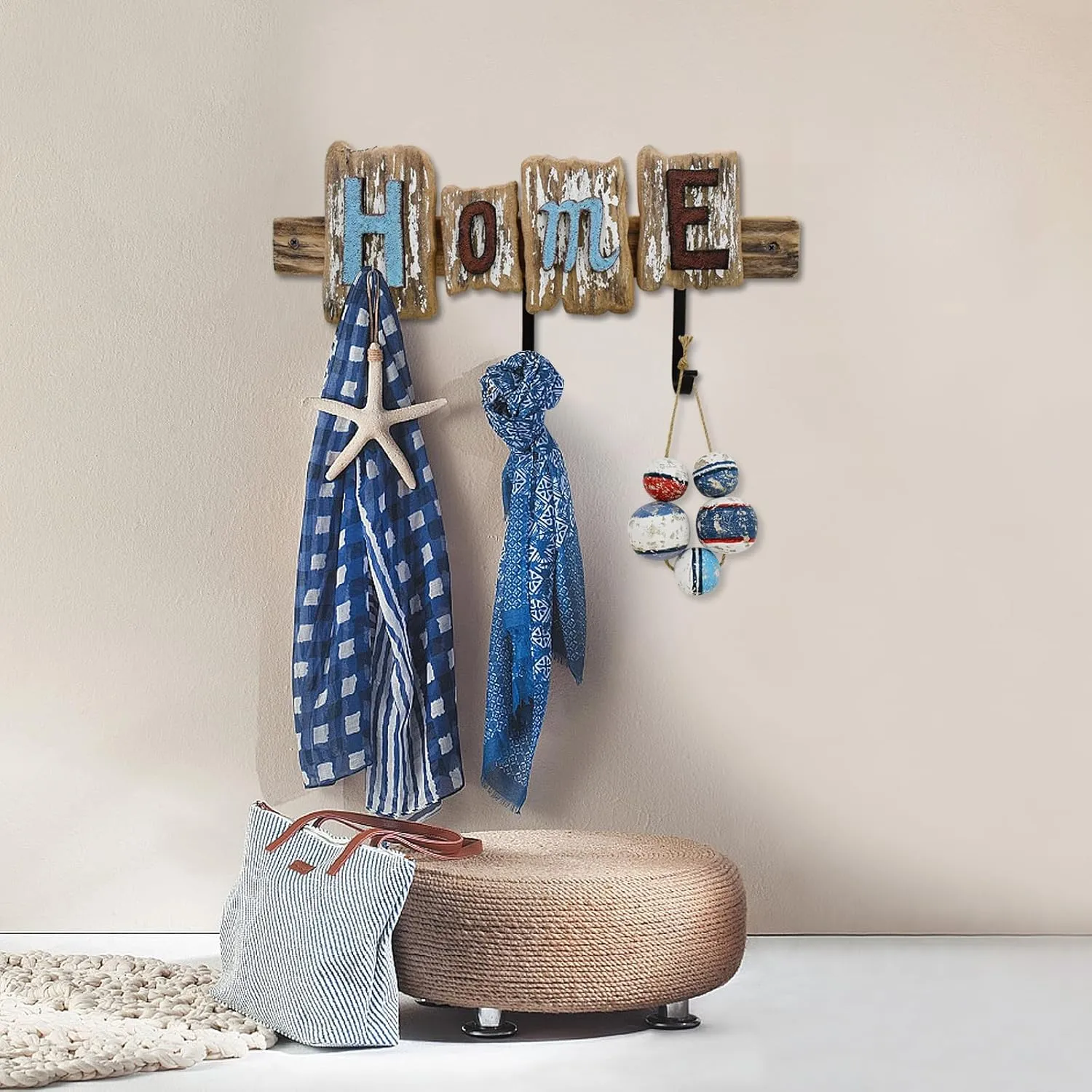 K KILIPES Decorative Beach Wall Coat Hook Key Hangers, Wood Nautical Hooks Wall Mounted Towel Rack Hanger for Home Bathroom Kitchen Coastal Wall Decor