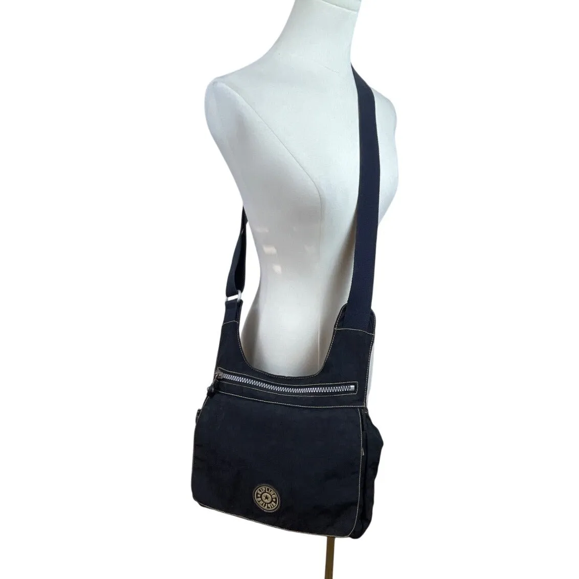 Kipling Black Nylon Adjustable Strap & Front Zipper Pocket Crossbody Bag Sz M