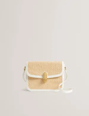 Kkassia Twist Lock Detail Large Raffia Crossbody Bag Ecru