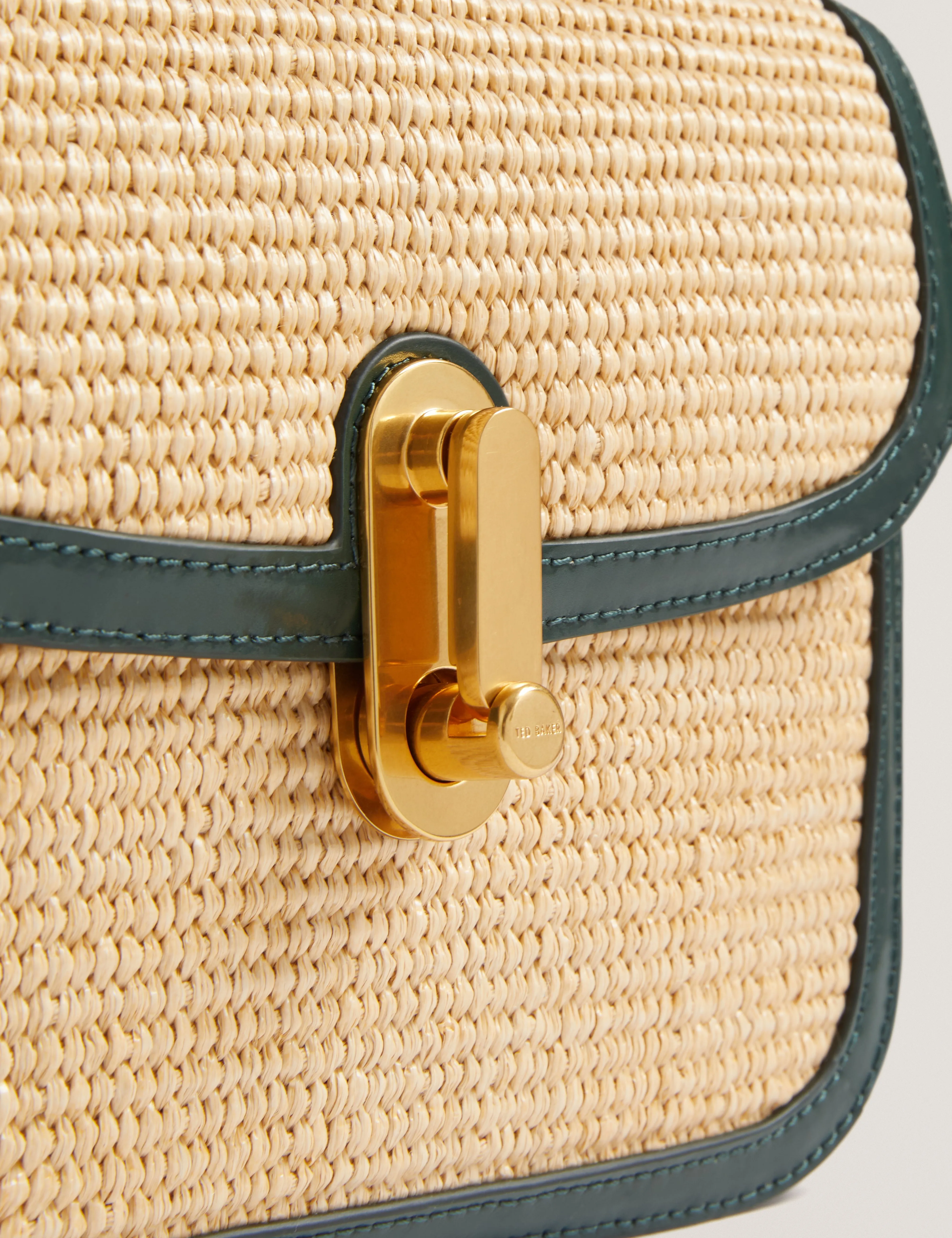 Kkassia Twist Lock Detail Large Raffia Crossbody Bag Mid-Green