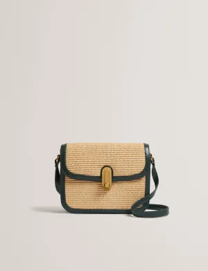 Kkassia Twist Lock Detail Large Raffia Crossbody Bag Mid-Green