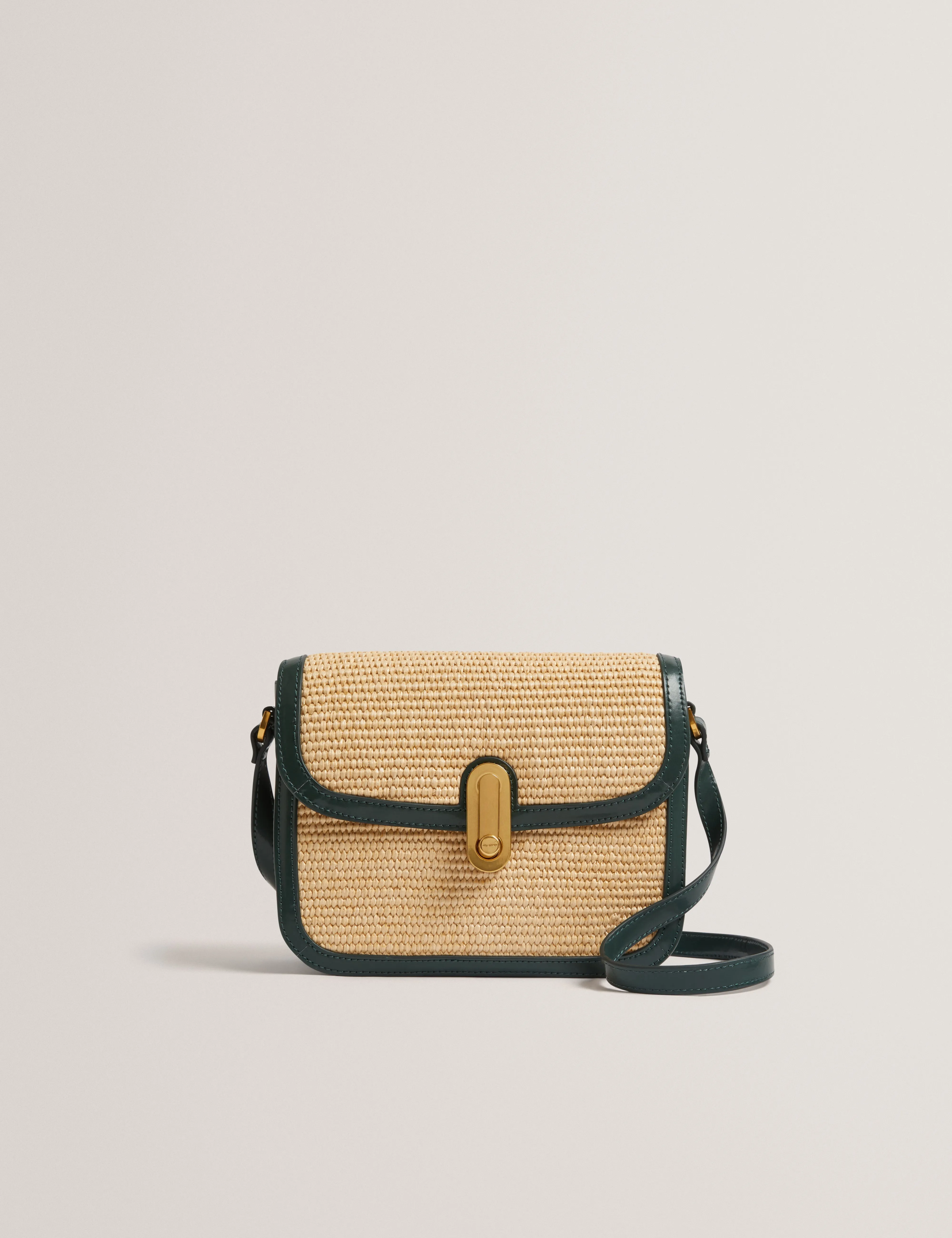 Kkassia Twist Lock Detail Large Raffia Crossbody Bag Mid-Green