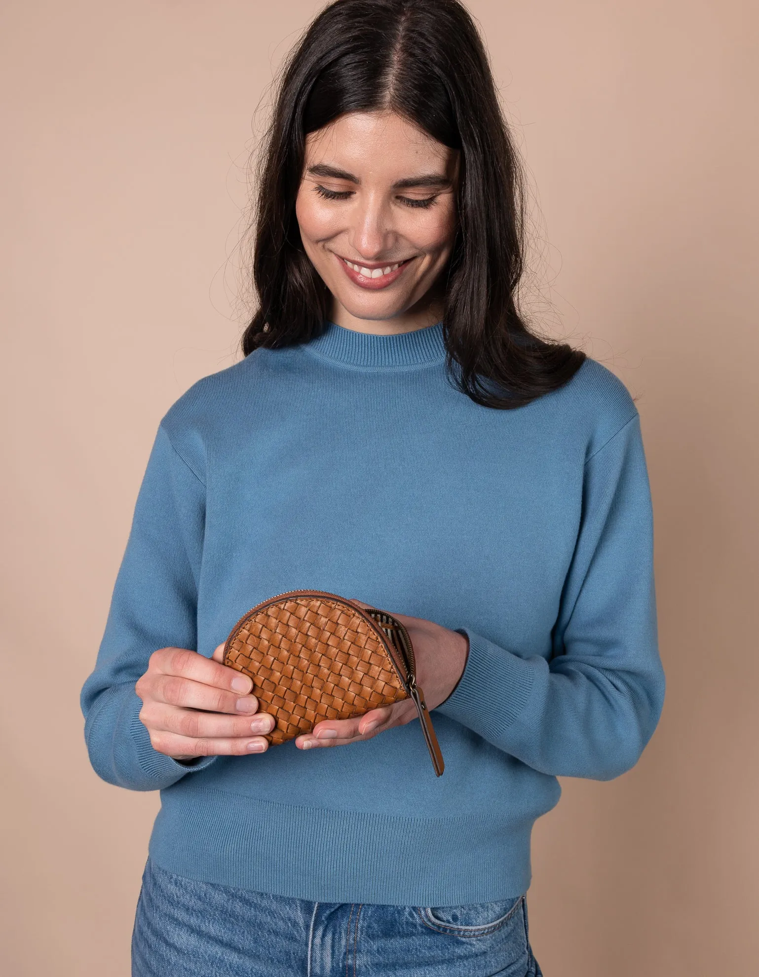 Laura Coin Purse - Cognac Woven Classic Leather