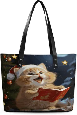 Leather Purse For Women Elegance Christmas Carols Printing Tote Bag Pu Purses Handbags For Work Travel Casual Use