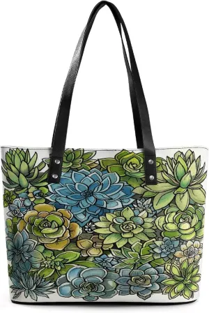 Leather Tote Bag Crossbody Bags for Women Fashion Top Handle Handbag Green Succulent Picture Ladies Shoulder Bags Casual Beach Bag Gym Bages Ladies Purses for Shopping Work Travel