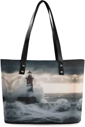 Leather Women Handbags Soft Lighthouse In Storm Tote Bags Top Handle Satchel Fashion Ladies Shoulder Tote Purse Large Travel Bag
