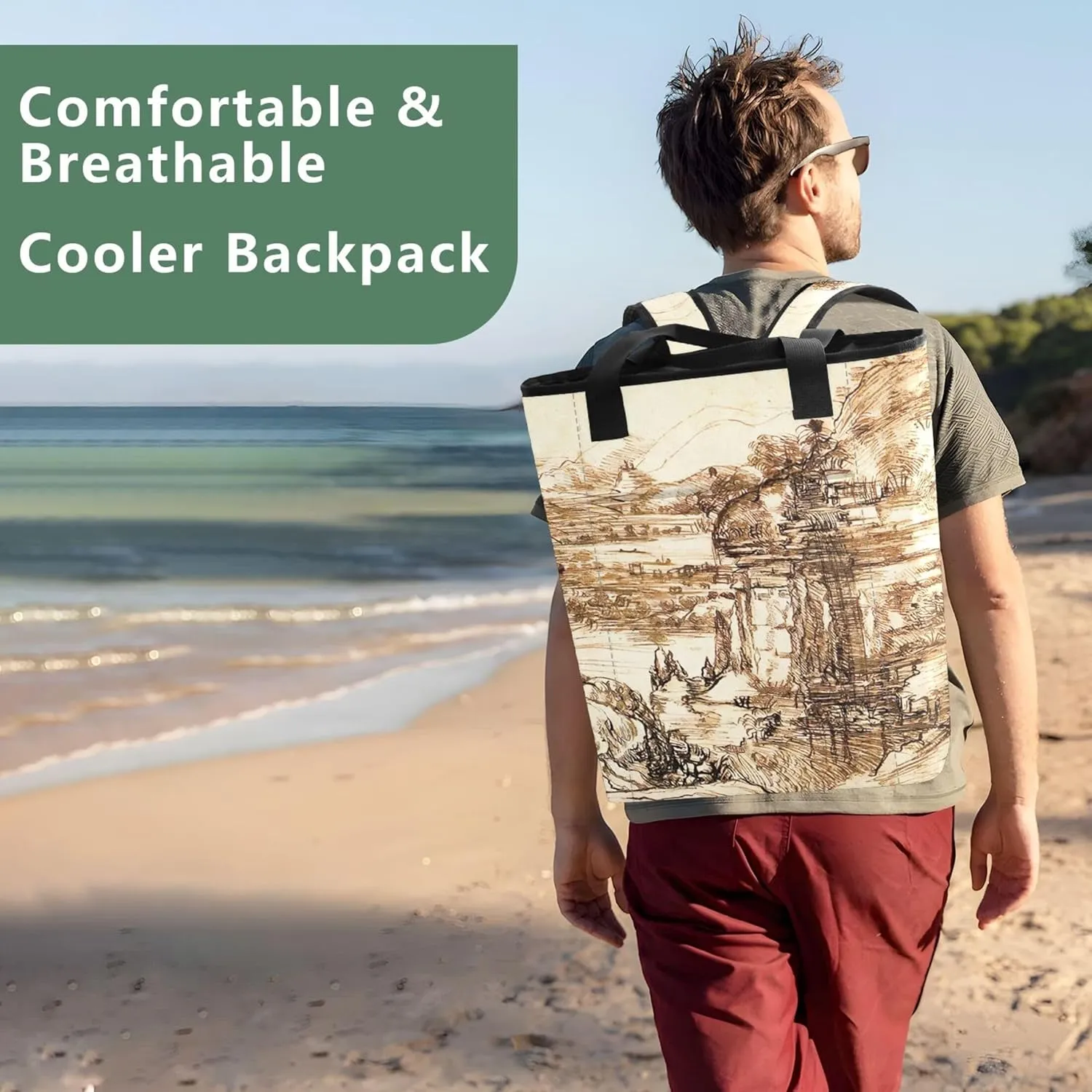 Leonardo da Vinci Landscape Arno Valley Waterproof Beach Bag 36 Cans Ladies Lunch Bags for Work 13.8''x5.9''x16.5