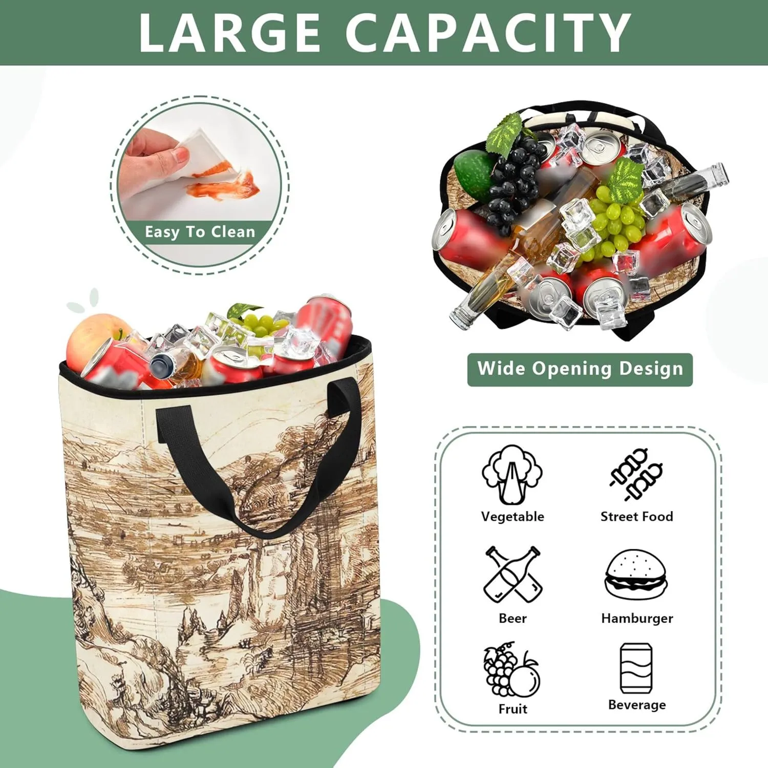 Leonardo da Vinci Landscape Arno Valley Waterproof Beach Bag 36 Cans Ladies Lunch Bags for Work 13.8''x5.9''x16.5