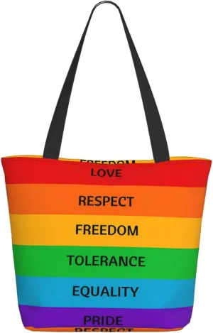 LGBT Rainbow Gay Love Respect Freedom Tolerance Equality Pride Women Tote Bag Large Shoulder Bag Zipper Casual Shopping Handbag Work Travel Bag With Inner Pocket