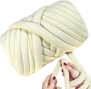 Light Weight Ultra Soft 2.2 LBS (1 kg) Chunky Yarn for Hand Knitting, Lush Polyester Fabric Tube Yarn to Make Handbags, Pillows, Blankets, Crafts (Cream)