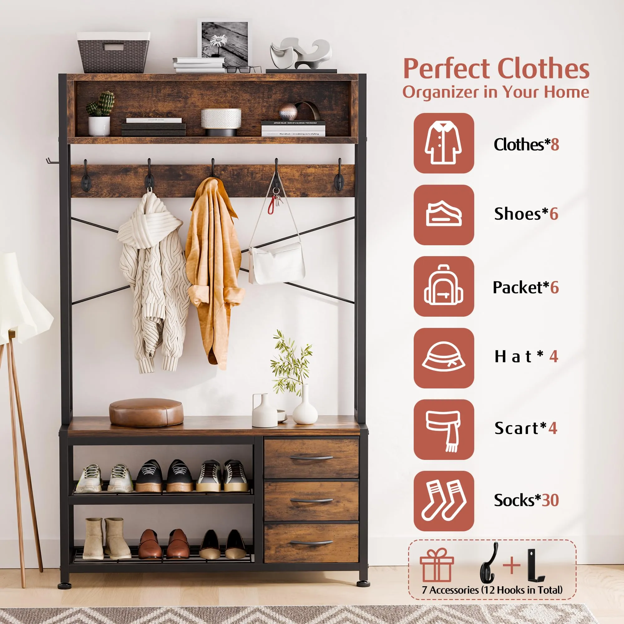 Lulive Hall Tree with Bench and Shoe Storage, 31.5" Coat Rack Freestanding with 2-Tier Storage Shelf, 6-in-1 Entryway Bench Coat Rack with 12 Hooks and 3 Drawers(Rustic Brown)