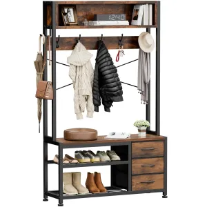 Lulive Hall Tree with Bench and Shoe Storage, 31.5" Coat Rack Freestanding with 2-Tier Storage Shelf, 6-in-1 Entryway Bench Coat Rack with 12 Hooks and 3 Drawers(Rustic Brown)