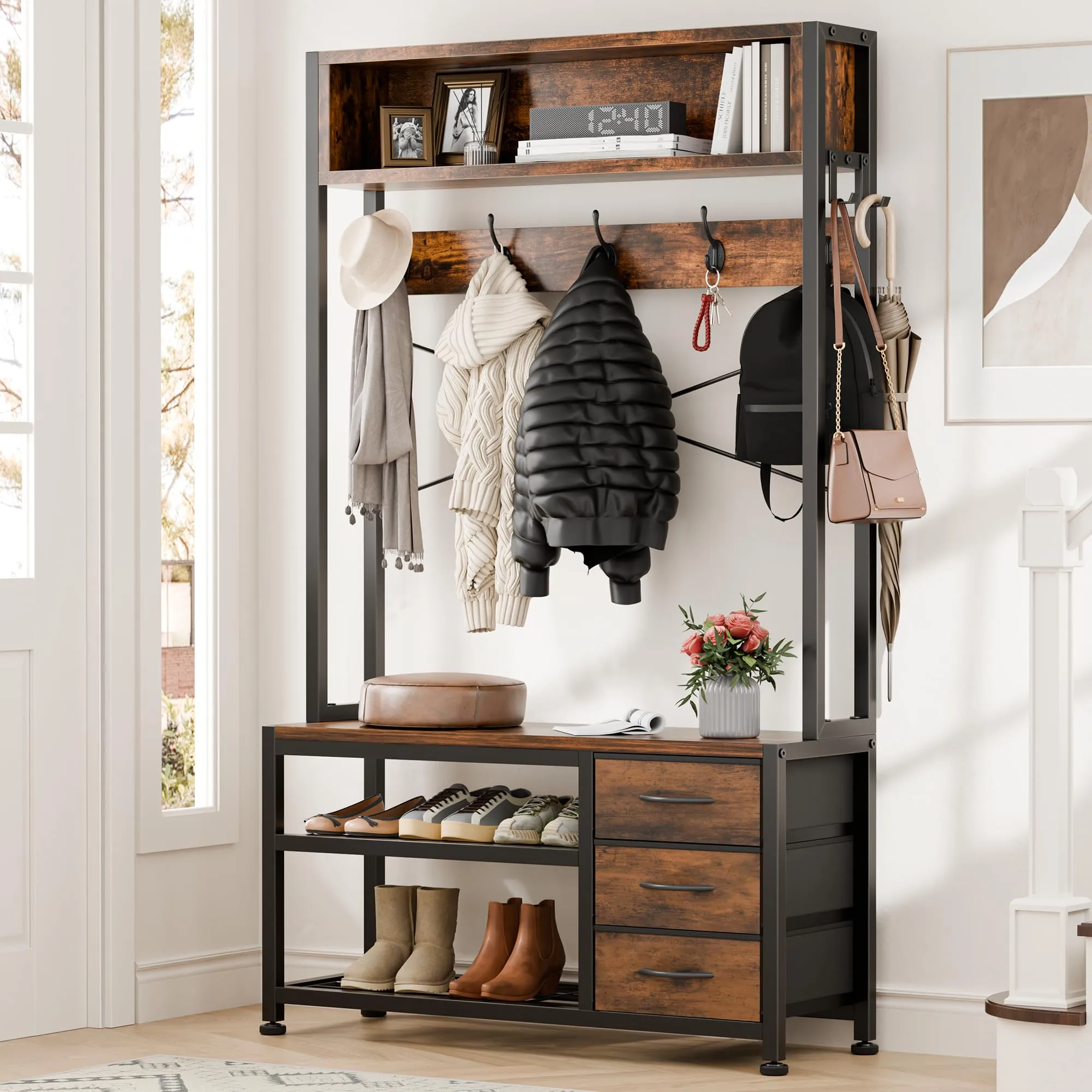 Lulive Hall Tree with Bench and Shoe Storage, 31.5" Coat Rack Freestanding with 2-Tier Storage Shelf, 6-in-1 Entryway Bench Coat Rack with 12 Hooks and 3 Drawers(Rustic Brown)