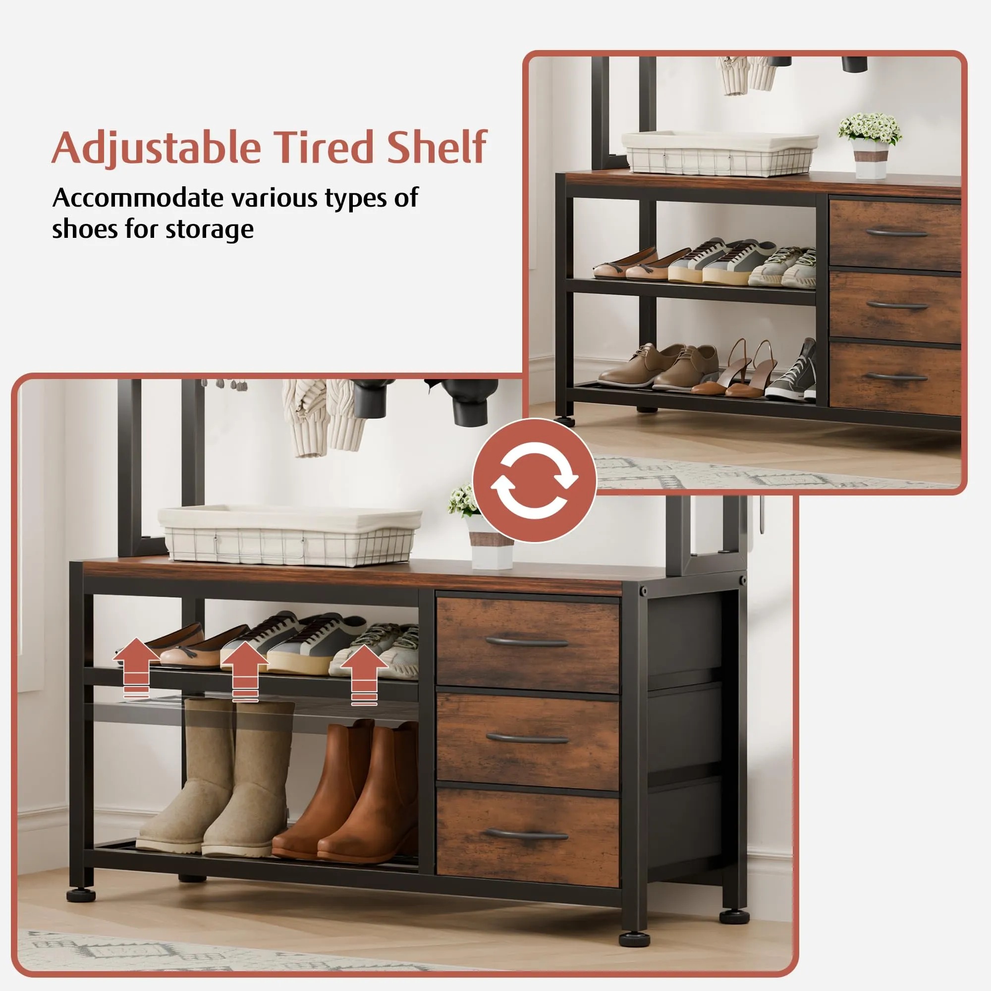 Lulive Hall Tree with Bench and Shoe Storage, 31.5" Coat Rack Freestanding with 2-Tier Storage Shelf, 6-in-1 Entryway Bench Coat Rack with 12 Hooks and 3 Drawers(Rustic Brown)