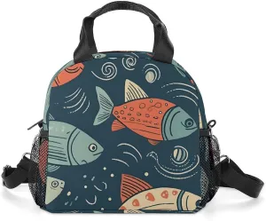 Lunch Bag with Shoulder Strap Insulated Lunch Box Leakproof Lunch Cooler Bag Animation Style Fish Lunch Tote Bag for Women Men Reusable Lunchbox for Work Picnic Beach