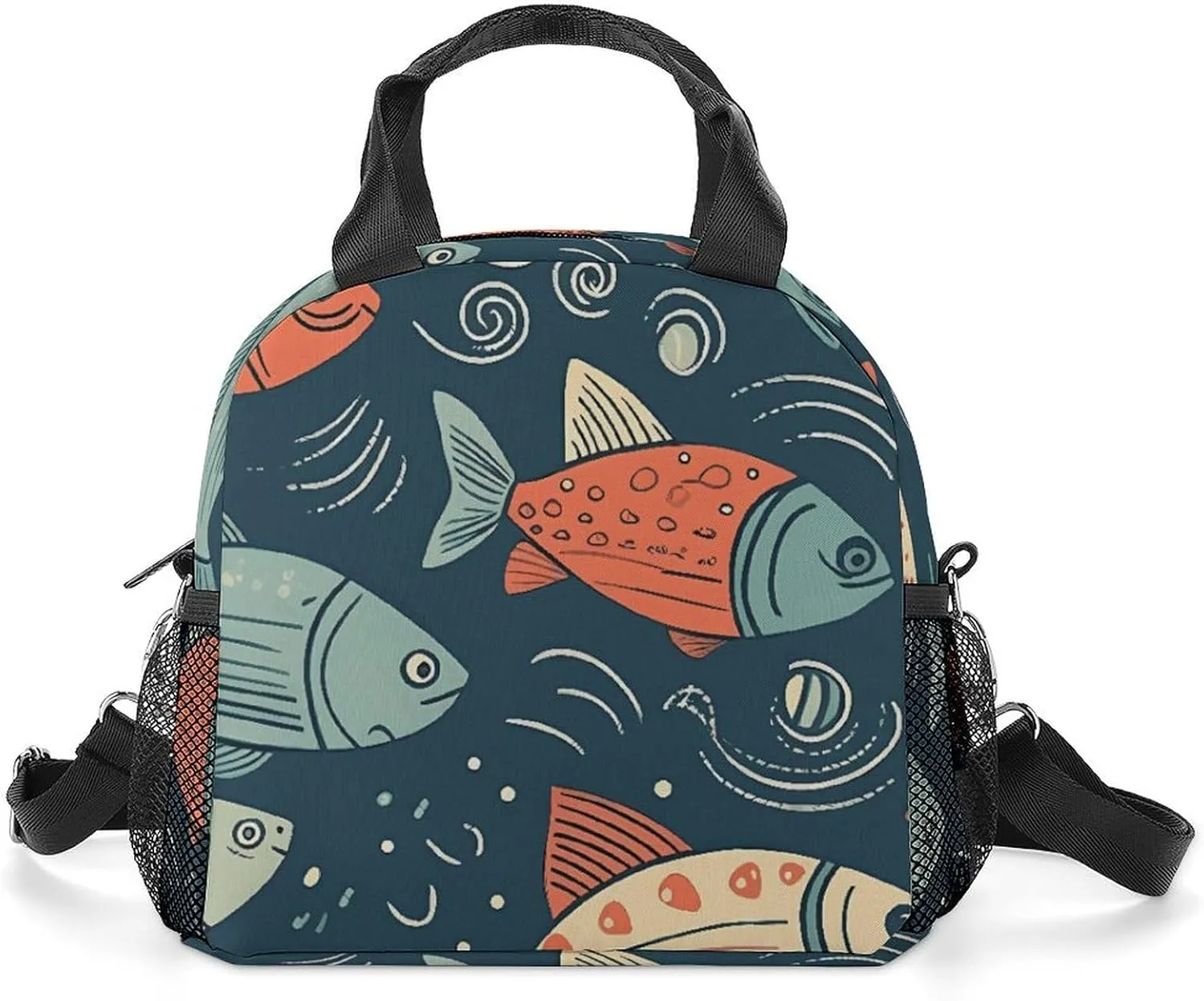 Lunch Bag with Shoulder Strap Insulated Lunch Box Leakproof Lunch Cooler Bag Animation Style Fish Lunch Tote Bag for Women Men Reusable Lunchbox for Work Picnic Beach