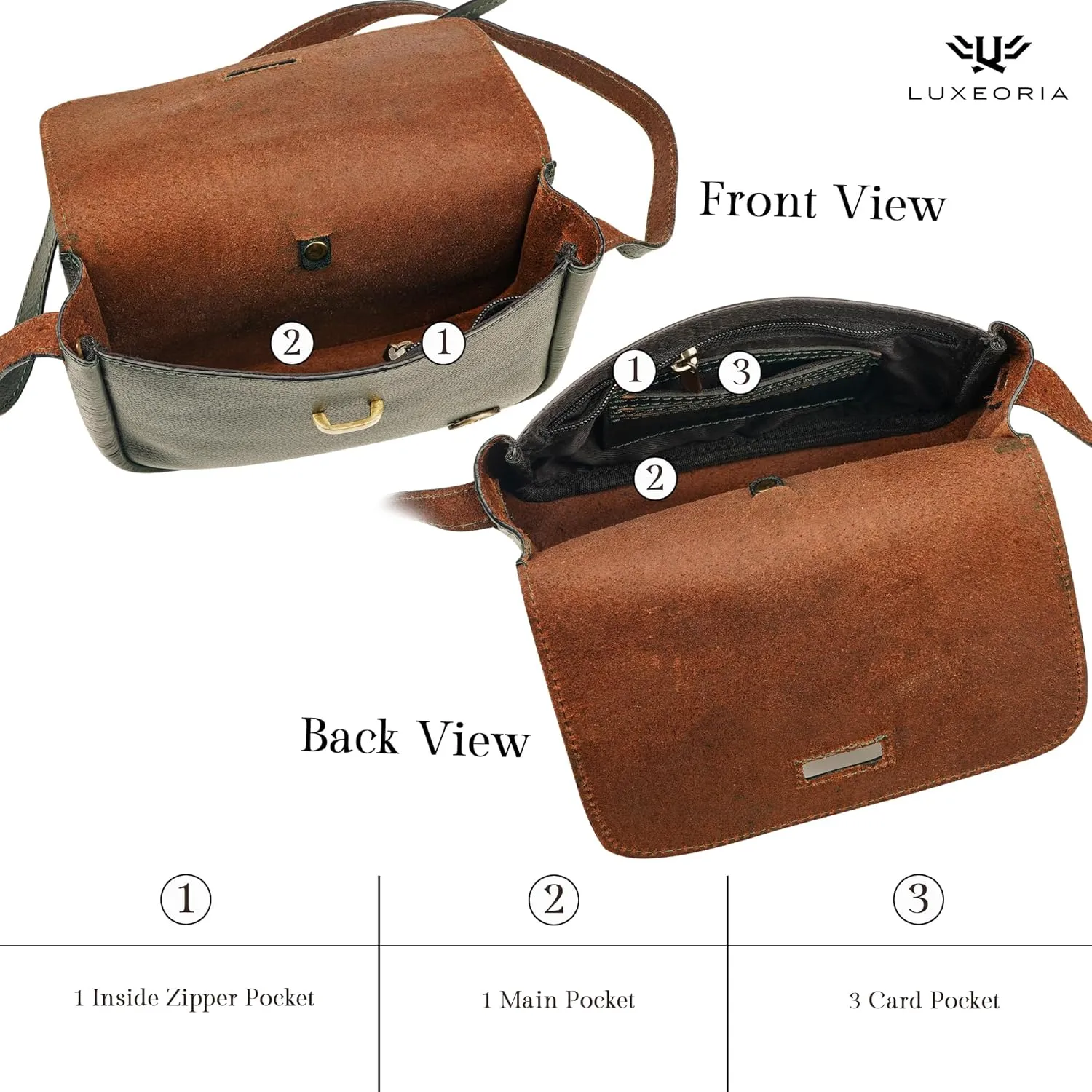 LUXEORIA Genuine Leather Crossbody Bags for Women, Small Travel Purses, Mobile & Credit Card Pockets with Adjustable Strap