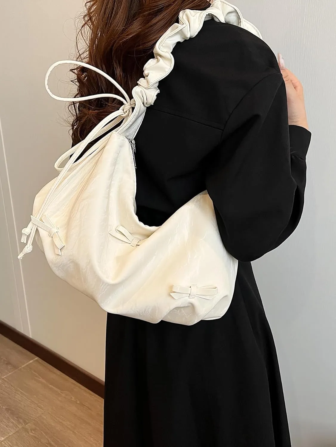 MakeMeChic Women's Y2K Bow Shoulder Bag Ruched Zipper Underarm Handbag Purse