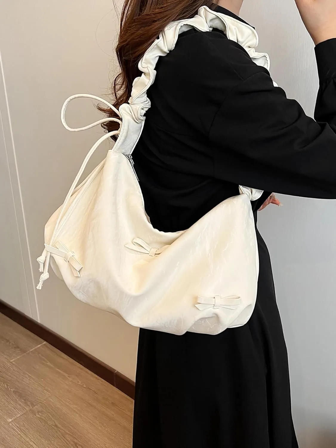 MakeMeChic Women's Y2K Bow Shoulder Bag Ruched Zipper Underarm Handbag Purse