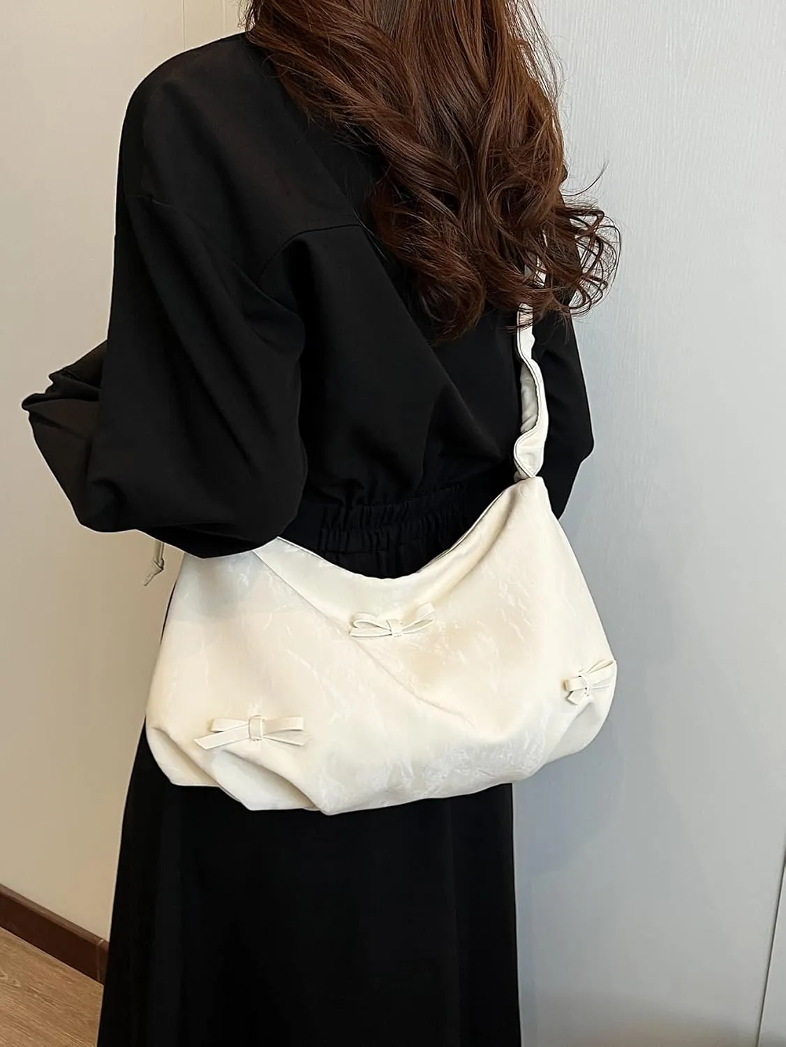 MakeMeChic Women's Y2K Bow Shoulder Bag Ruched Zipper Underarm Handbag Purse