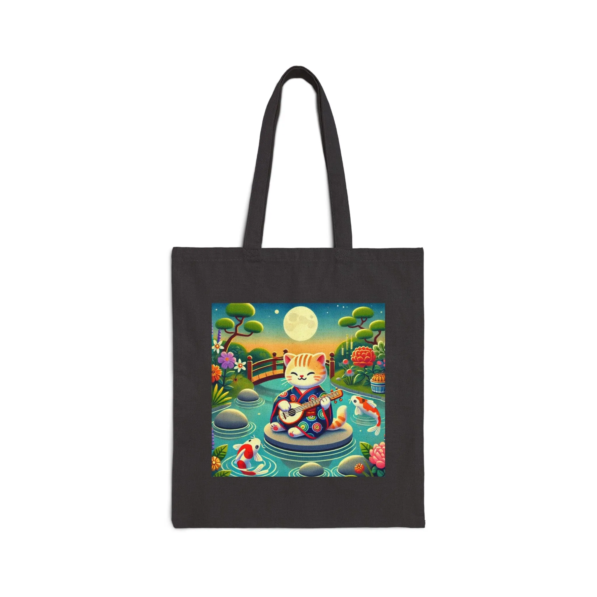 Melodic Kitten by the Koi Pond Cotton Canvas Tote Bag