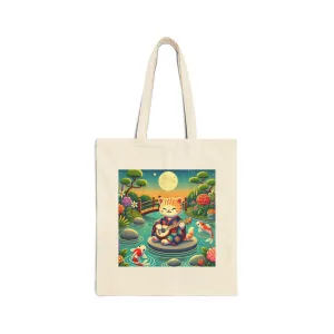 Melodic Kitten by the Koi Pond Cotton Canvas Tote Bag