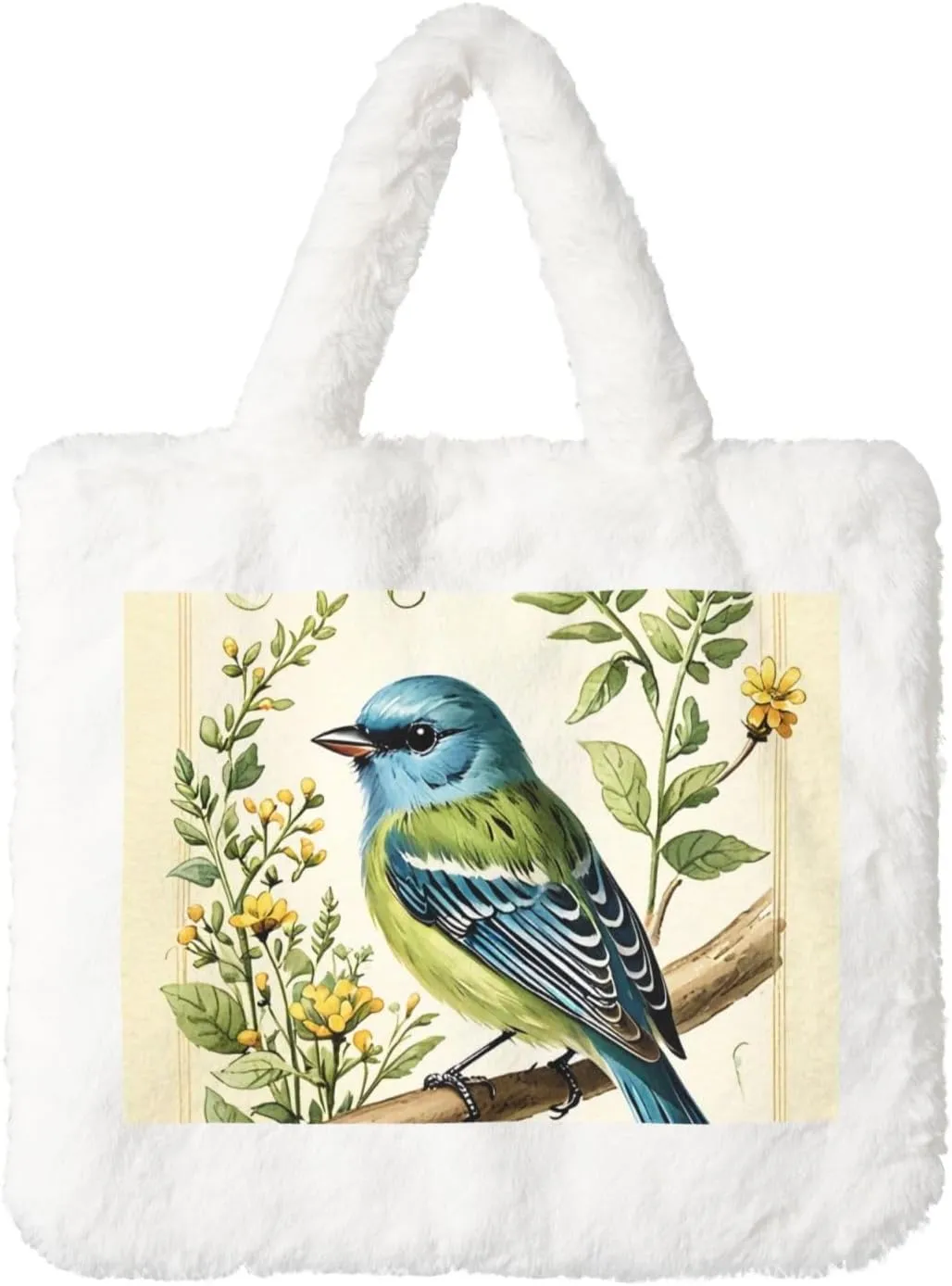 Melodious Songbird Printed Plush Handbag, White Soft Faux Rabbit Fur Shoulder Bag for Women, Suitable for Autumn and Winter
