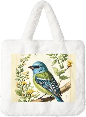 Melodious Songbird Printed Plush Handbag, White Soft Faux Rabbit Fur Shoulder Bag for Women, Suitable for Autumn and Winter