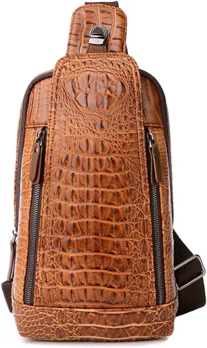 Mens Sling Bags Crocodile PU Shoulder Crossbody Chest Bag Satchels Hiking Daypack Brown